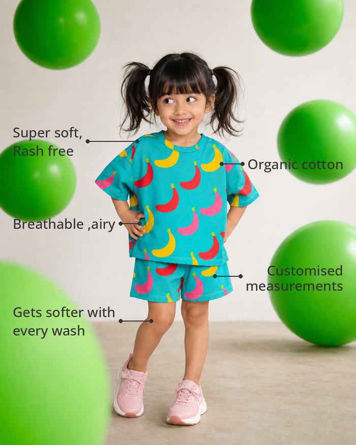 Anaario The Sunny Sprout Shorts Set features - organic cotton, super soft and rash free, breathable, gets softer with every wash, customised measurements