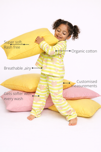 Anaario Sunshine Night Suit features - organic cotton, super soft and rash free, breathable, gets softer with every wash, customised measurements
