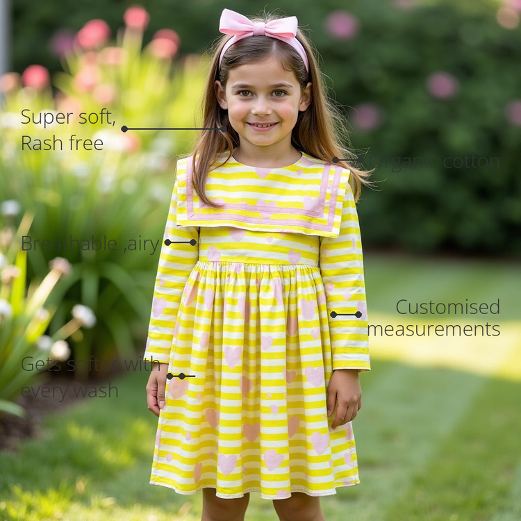 Anaario Sunshine Sailor Dress features - organic cotton, super soft and rash free, breathable, gets softer with every wash, customised measurements