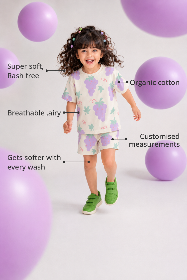 Anaario The Sunshine Sprinkle Shorts Set features - organic cotton, super soft and rash free, breathable, gets softer with every wash, customised measurements