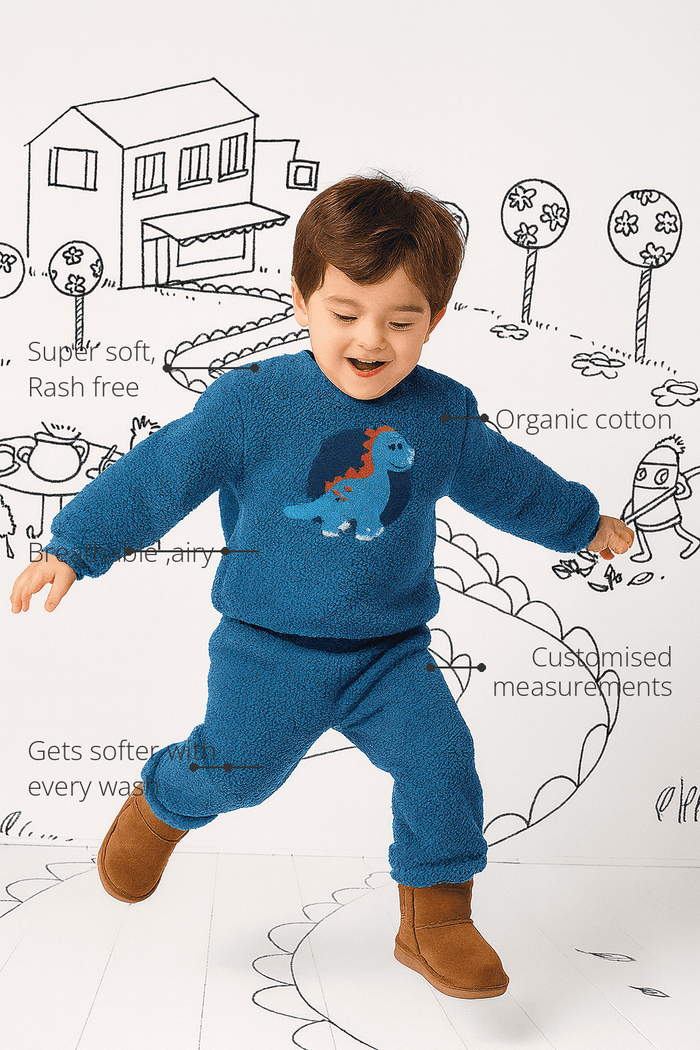 Anaario Teal Blue Dino Fleece Set features - organic cotton, super soft and rash free, breathable, gets softer with every wash, customised measurements