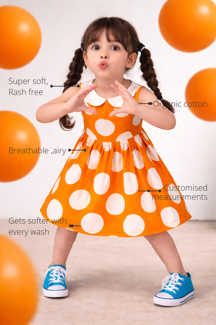 Anaario The Apricot Pop Dress features - organic cotton, super soft and rash free, breathable, gets softer with every wash, customised measurements
