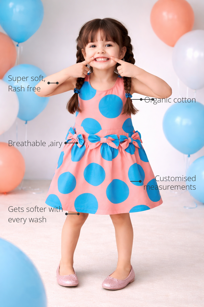 Anaario The Bubblegum Pop Dress features - organic cotton, super soft and rash free, breathable, gets softer with every wash, customised measurements