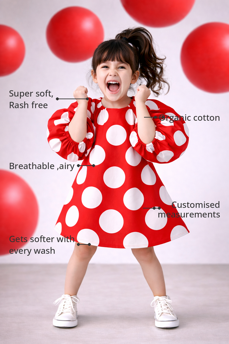 Anaario The Candy Apple Dress features - organic cotton, super soft and rash free, breathable, gets softer with every wash, customised measurements