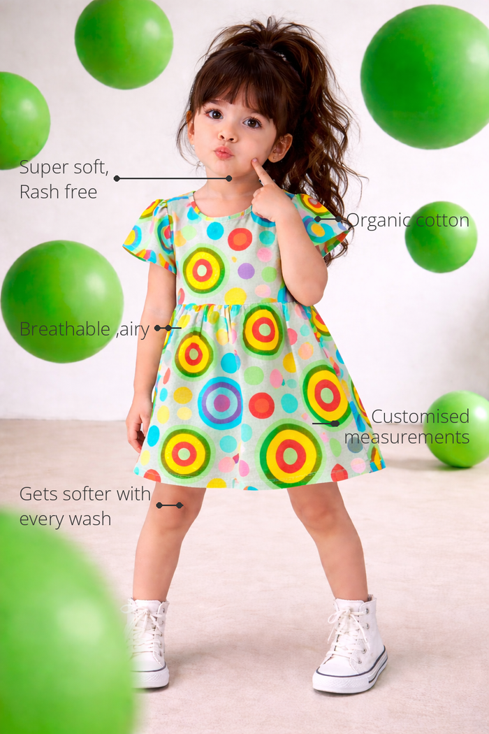 Anaario The Candy Pop Dress features - organic cotton, super soft and rash free, breathable, gets softer with every wash, customised measurements