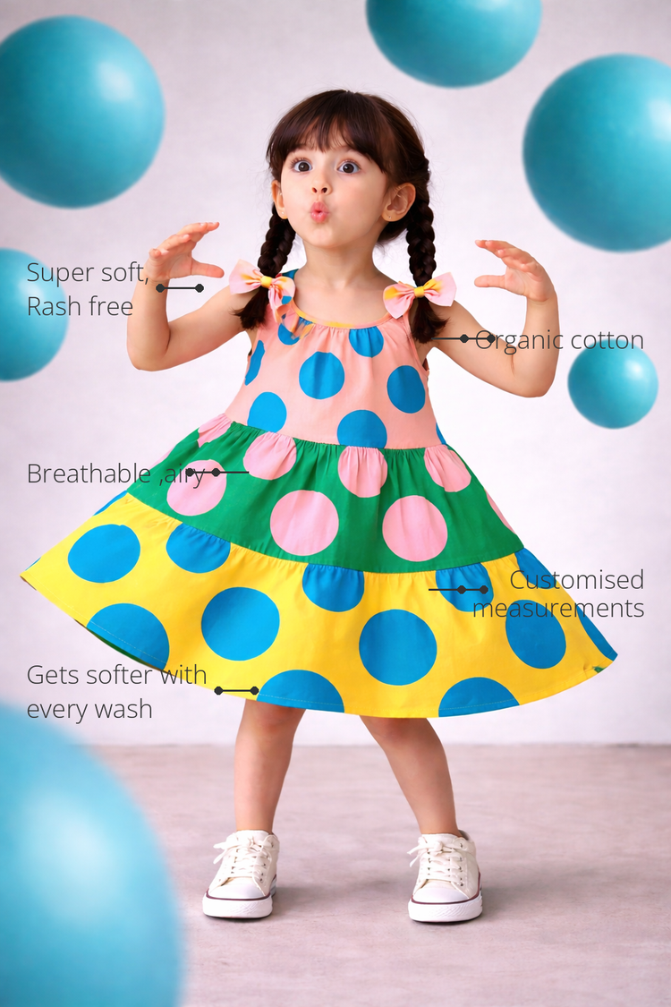 Anaario The Carnival Pop Dress features - organic cotton, super soft and rash free, breathable, gets softer with every wash, customised measurements
