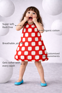 Anaario The Cherry Pop Dress features - organic cotton, super soft and rash free, breathable, gets softer with every wash, customised measurements