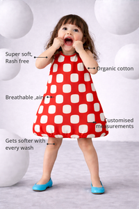 Anaario The Cherry Pop Dress features - organic cotton, super soft and rash free, breathable, gets softer with every wash, customised measurements