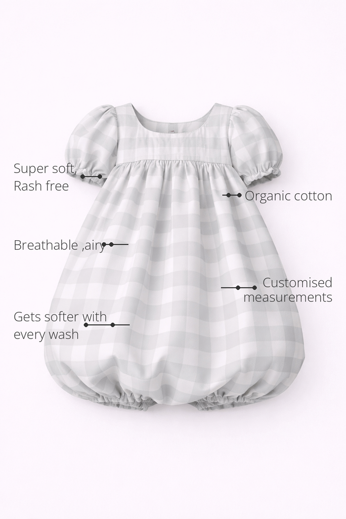 Anaario The Gingham Dreams Dress features - organic cotton, super soft and rash free, breathable, gets softer with every wash, customised measurements