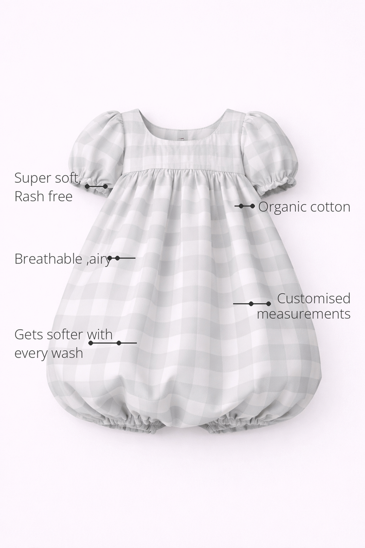 Anaario The Gingham Dreams Dress features - organic cotton, super soft and rash free, breathable, gets softer with every wash, customised measurements