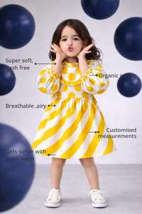 Anaario The Lemon Drop Dress features - organic cotton, super soft and rash free, breathable, gets softer with every wash, customised measurements