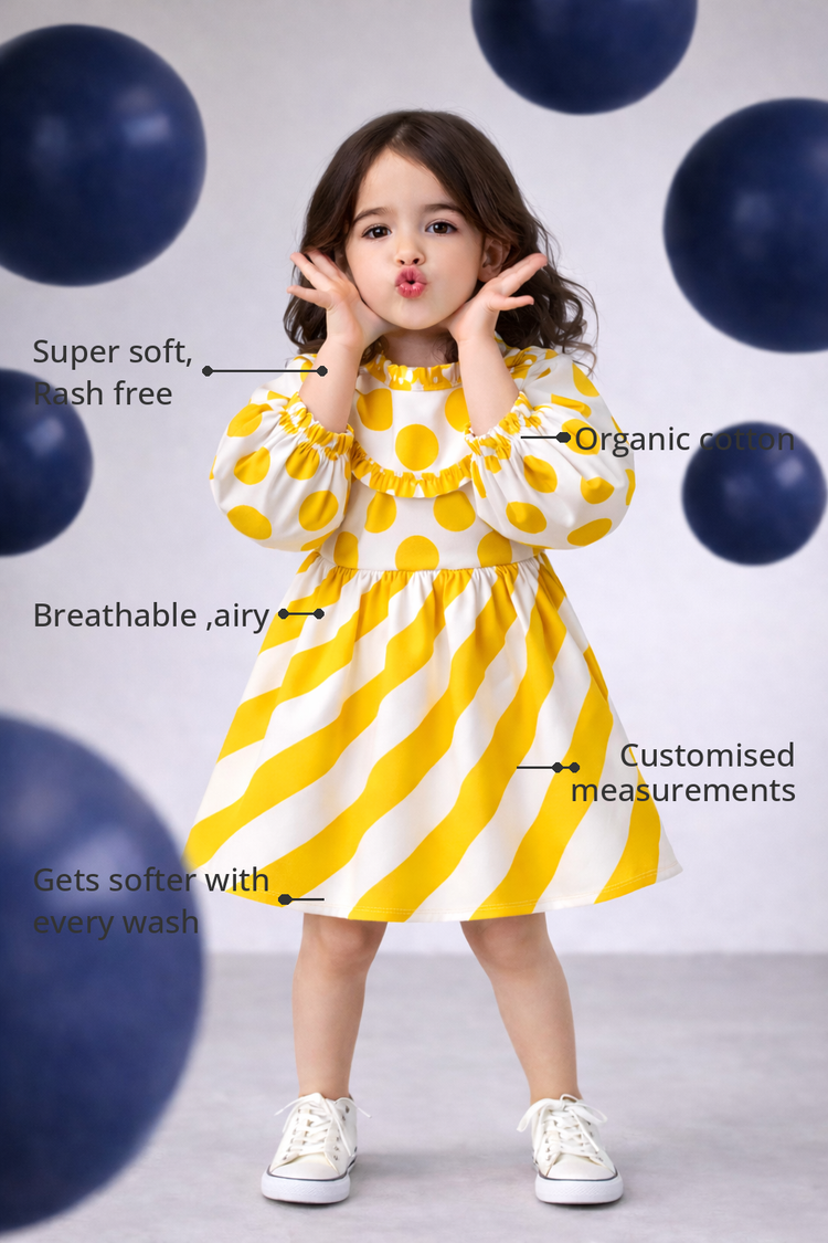 Anaario The Lemon Drop Dress features - organic cotton, super soft and rash free, breathable, gets softer with every wash, customised measurements