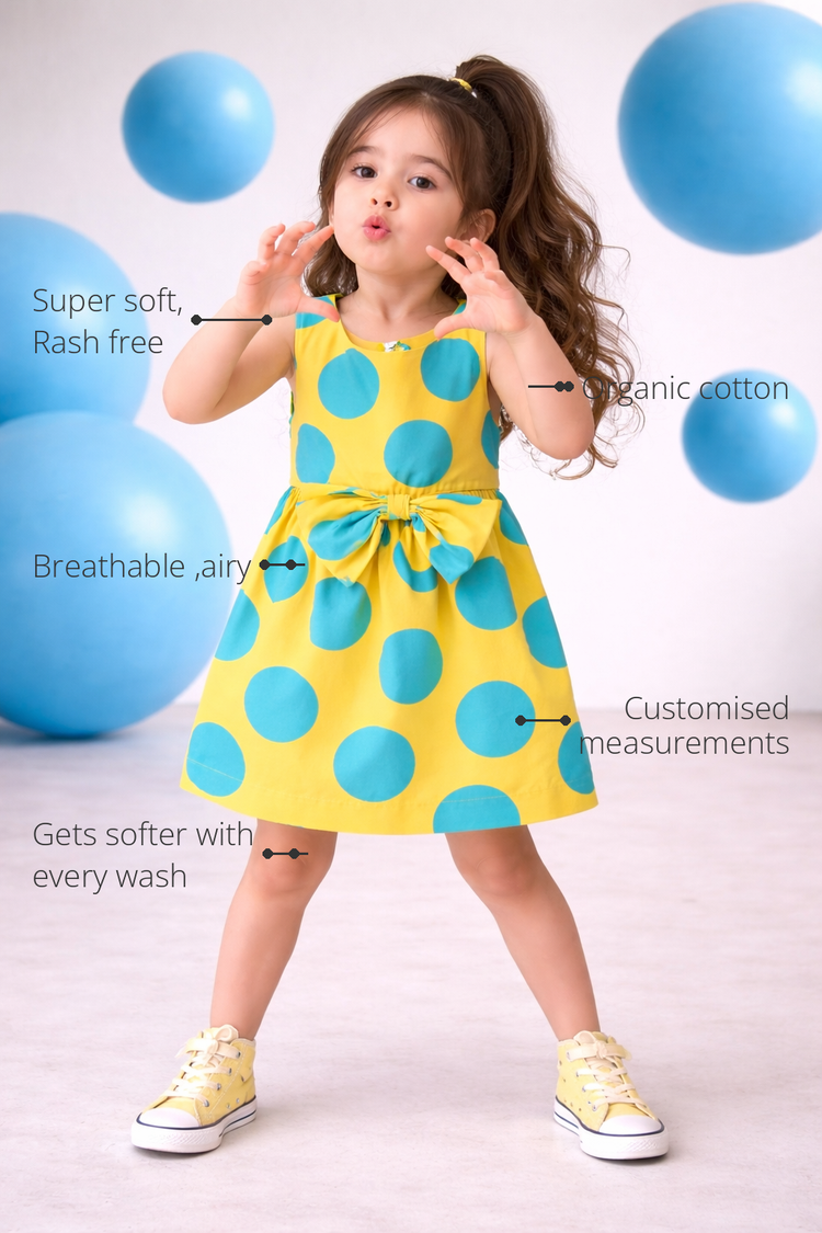Anaario The Lemon Fizz Dress features - organic cotton, super soft and rash free, breathable, gets softer with every wash, customised measurements