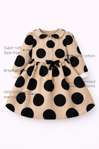 Anaario The Midnight Polka Dress features - organic cotton, super soft and rash free, breathable, gets softer with every wash, customised measurements