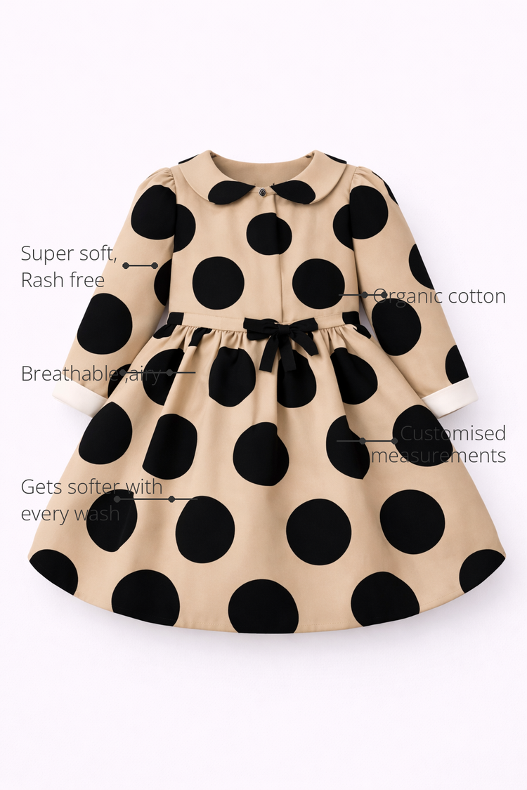 Anaario The Midnight Polka Dress features - organic cotton, super soft and rash free, breathable, gets softer with every wash, customised measurements