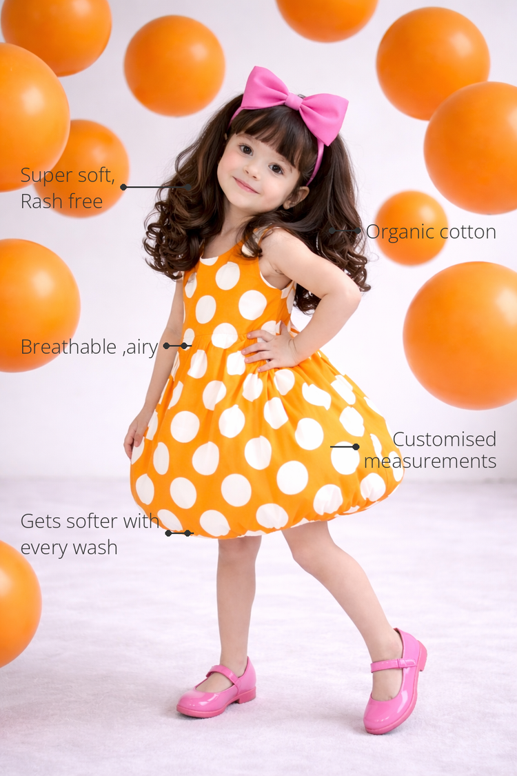 Anaario The Orange Creamsicle Dress features - organic cotton, super soft and rash free, breathable, gets softer with every wash, customised measurements
