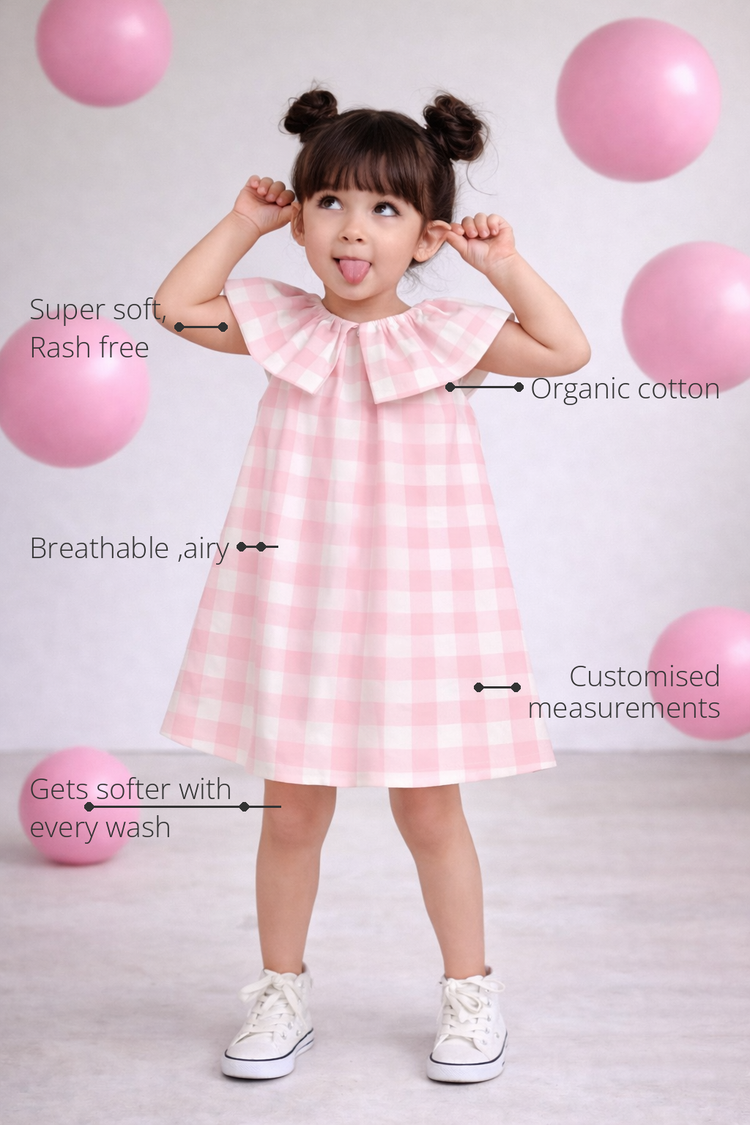 Anaario The Peppermint Gingham Dress features - organic cotton, super soft and rash free, breathable, gets softer with every wash, customised measurements