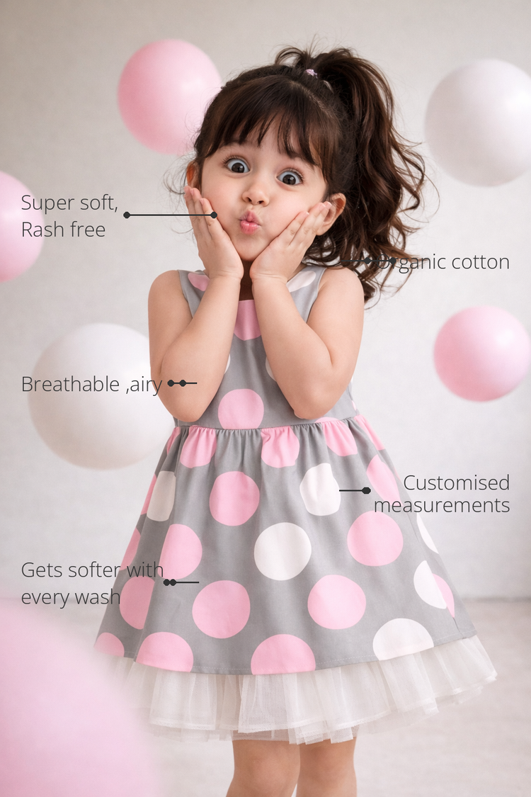 Anaario The Pink Sorbet Dress features - organic cotton, super soft and rash free, breathable, gets softer with every wash, customised measurements