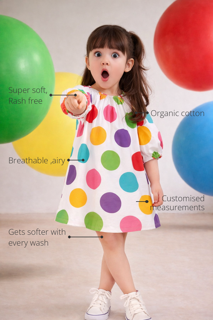 Anaario The Rainbow Confetti Dress features - organic cotton, super soft and rash free, breathable, gets softer with every wash, customised measurements
