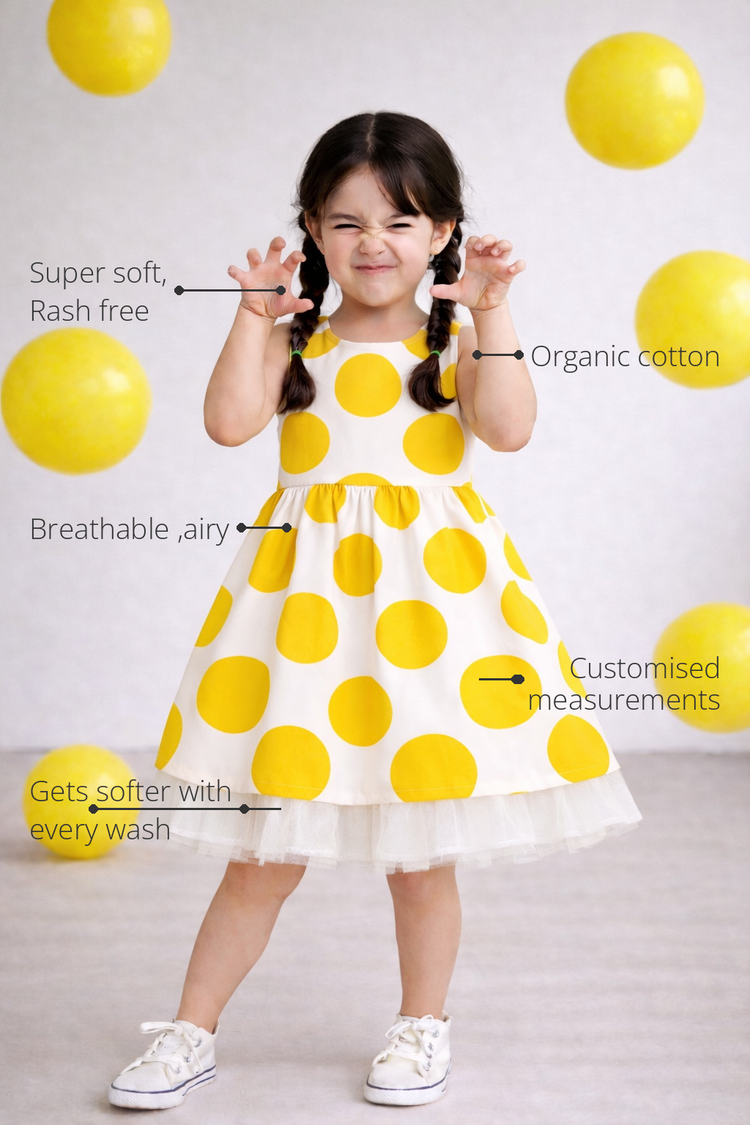 Anaario The Sun-Kissed Polka Dress features - organic cotton, super soft and rash free, breathable, gets softer with every wash, customised measurements
