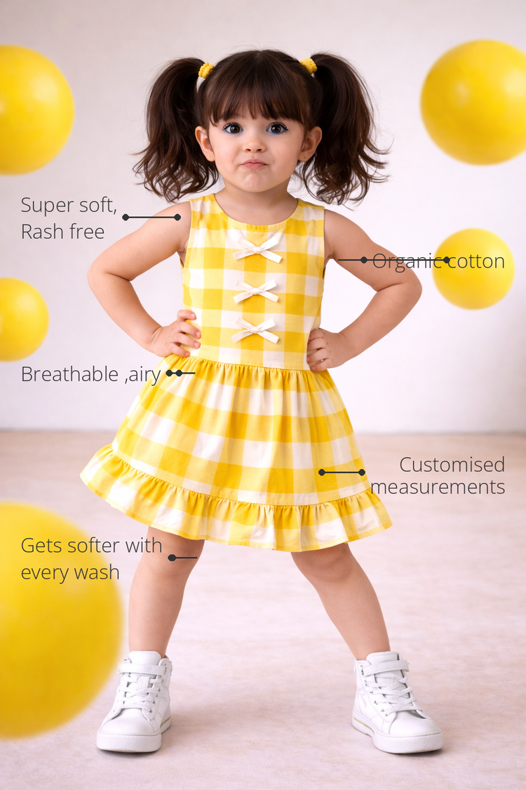 Anaario The Sunbeam Gingham Dress features - organic cotton, super soft and rash free, breathable, gets softer with every wash, customised measurements