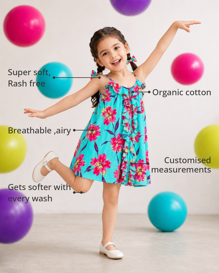 Anaario Turquoise Floral Ruffle Dress features - organic cotton, super soft and rash free, breathable, gets softer with every wash, customised measurements