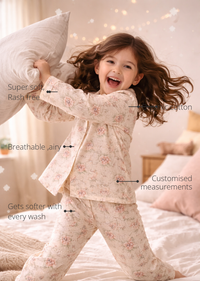 Anaario Vintage Bunny Night Suit features - organic cotton, super soft and rash free, breathable, gets softer with every wash, customised measurements
