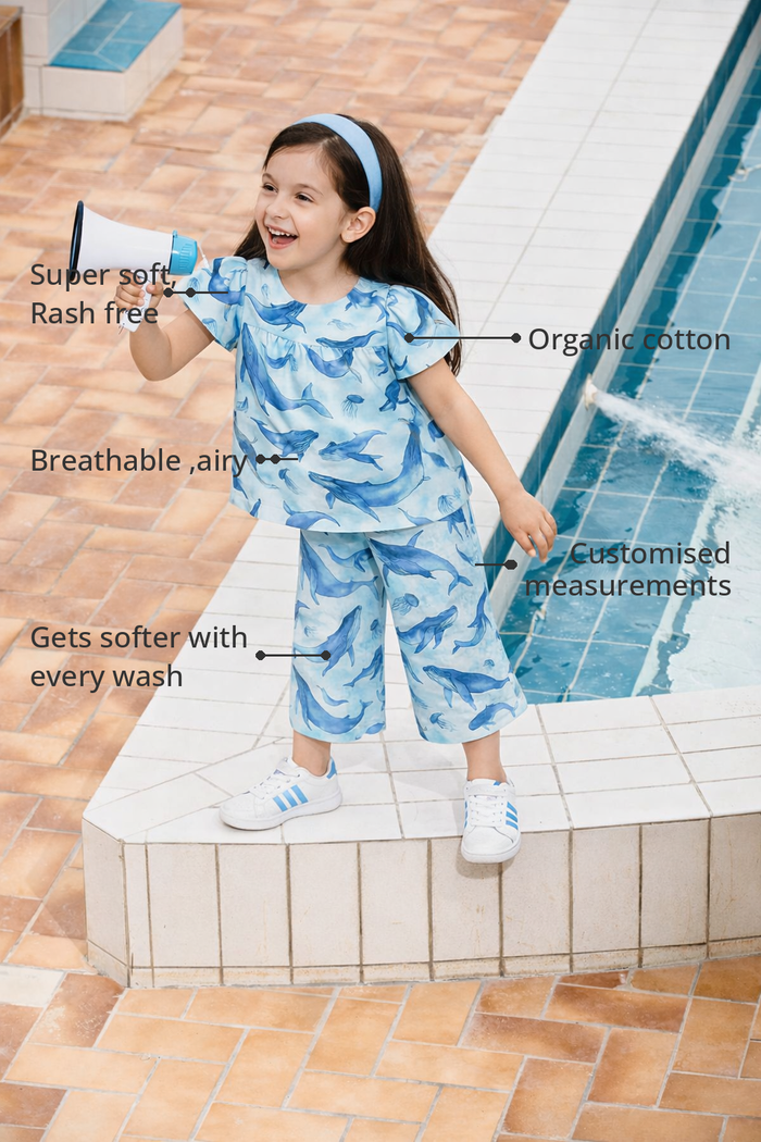 Anaario Whales and Jellyfish Co-ord Set features - organic cotton, super soft and rash free, breathable, gets softer with every wash, customised measurements