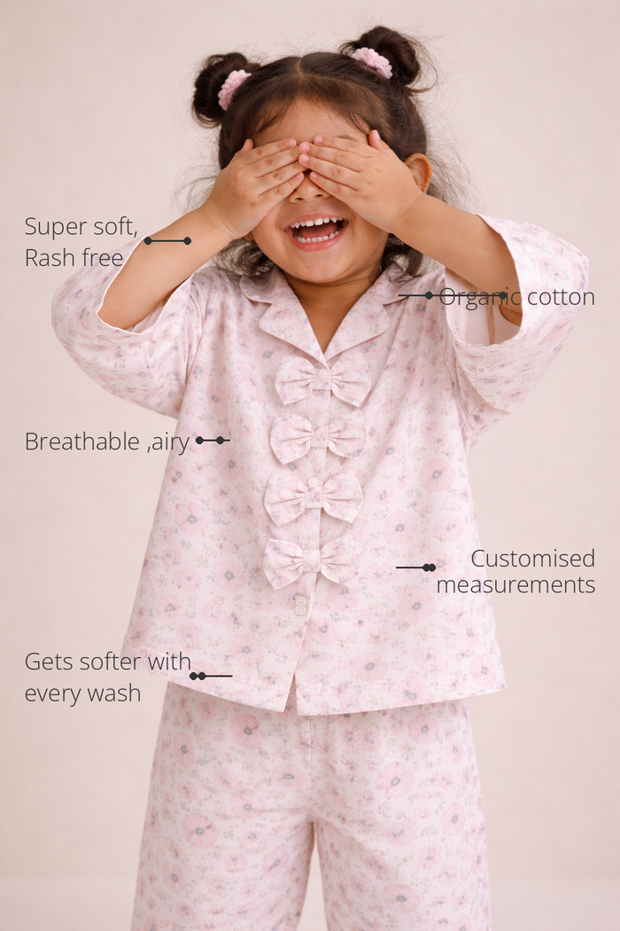 Anaario Whispering Pink Night Wear features - organic cotton, super soft and rash free, breathable, gets softer with every wash, customised measurements