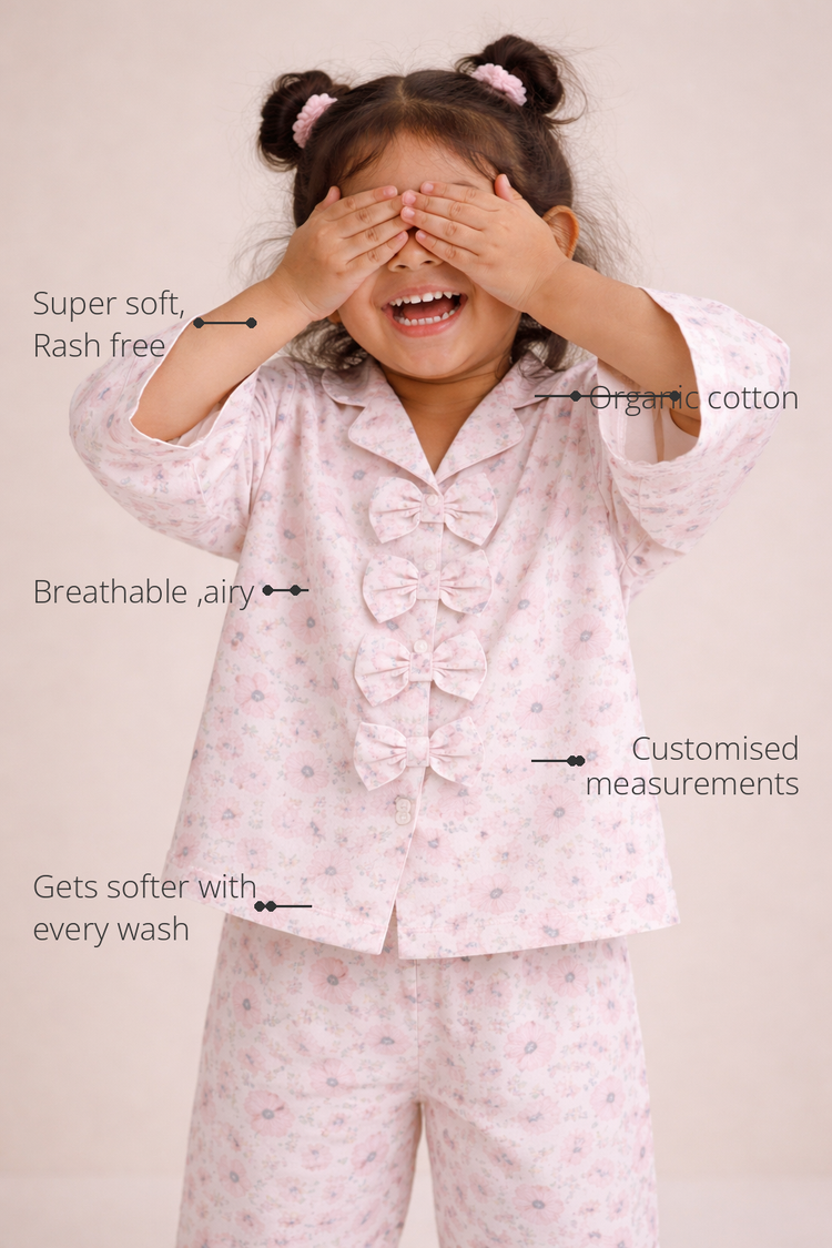 Anaario Whispering Pink Night Wear features - organic cotton, super soft and rash free, breathable, gets softer with every wash, customised measurements