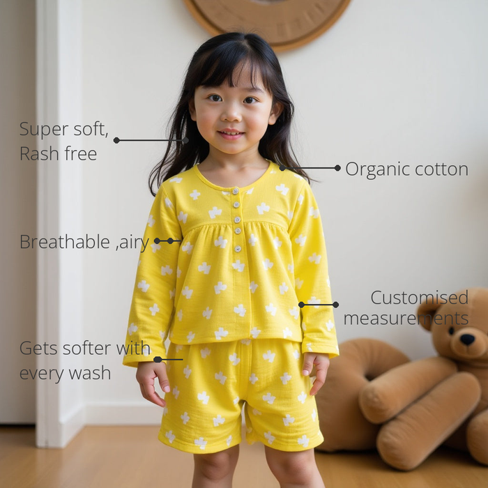 Anaario Yellow Alphabet Night Suit features - organic cotton, super soft and rash free, breathable, gets softer with every wash, customised measurements
