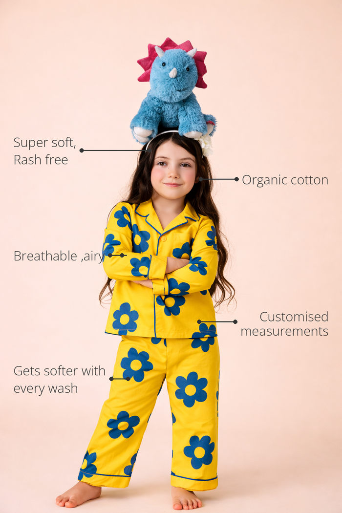 Anaario Yellow Blue Flower Night Wear features - organic cotton, super soft and rash free, breathable, gets softer with every wash, customised measurements