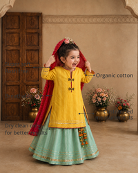 Anaario Yellow Dragonfly Lehenga Set features - organic cotton, super soft and rash free, breathable, dry clean only, customised measurements