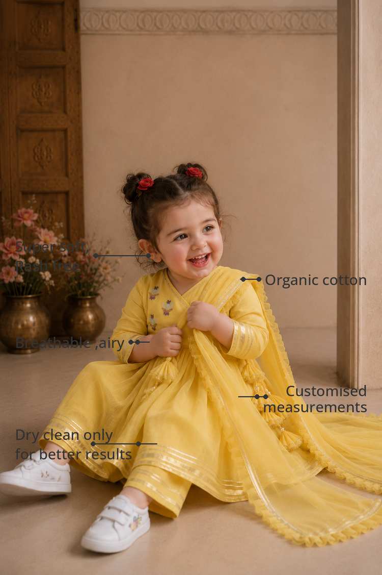 Anaario Yellow Duck Angrakha Set features - organic cotton, super soft and rash free, breathable, dry clean only, customised measurements