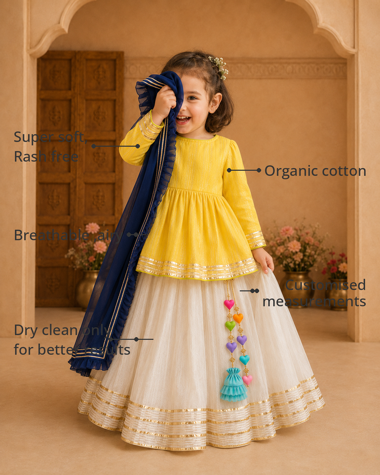 Anaario Yellow Peplum Lehenga Set features - organic cotton, super soft and rash free, breathable, dry clean only, customised measurements