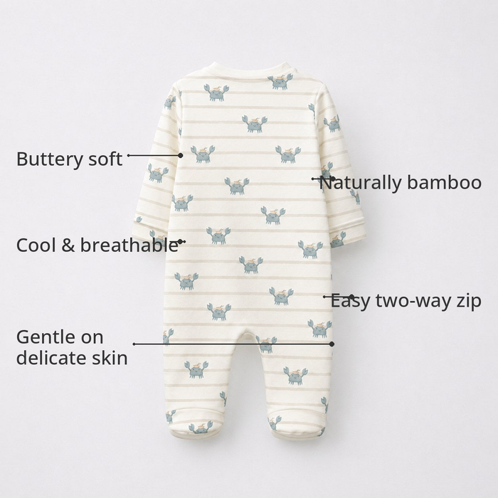 Green Crab & Gingham Bamboo Baby Sleepsuit – Zip Romper Onesie Combo – features