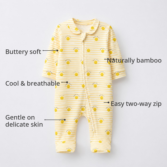 Happy Sunshine Bamboo Baby Sleepsuit – Zip Romper Onesie – features