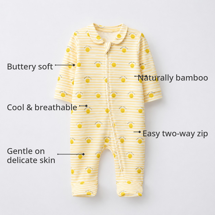 Happy Sunshine Bamboo Baby Sleepsuit – Zip Romper Onesie – features