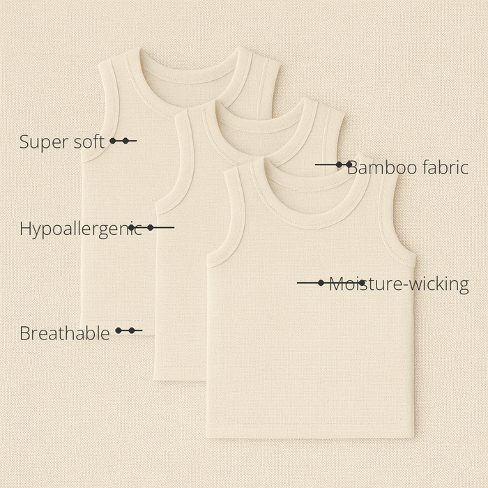 Anaario Baby Sleeveless Bamboo Vest (Pack of 3) features - bamboo fabric, super soft, hypoallergenic, breathable, moisture-wicking