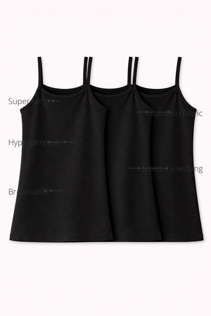 Anaario Girls Black Sleeveless Bamboo Vest (Pack of 3) features - bamboo fabric, super soft, hypoallergenic, breathable, moisture-wicking