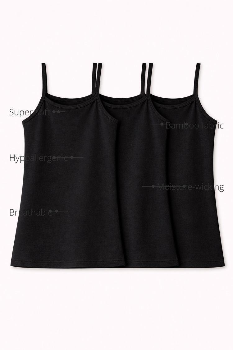 Anaario Girls Black Sleeveless Bamboo Vest (Pack of 3) features - bamboo fabric, super soft, hypoallergenic, breathable, moisture-wicking