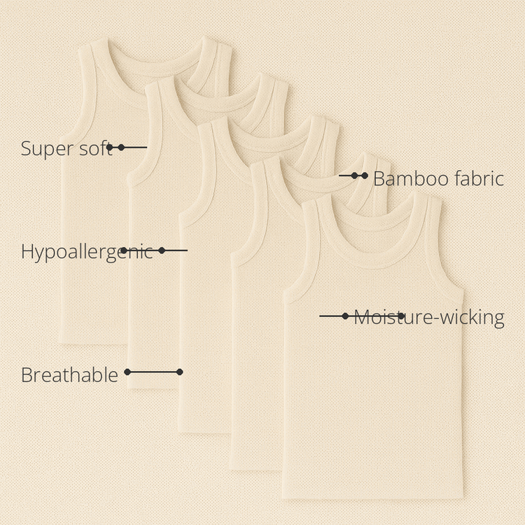 Anaario Boys Sleeveless Bamboo Vest (Pack of 5) features - bamboo fabric, super soft, hypoallergenic, breathable, moisture-wicking