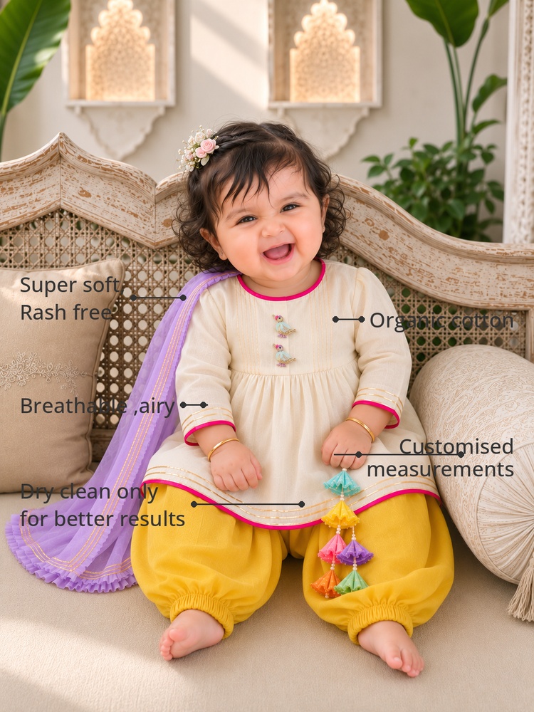 Anaario Ivory Bird Patiala Salwar Set features - organic cotton, super soft and rash free, breathable, dry clean only, customised measurements