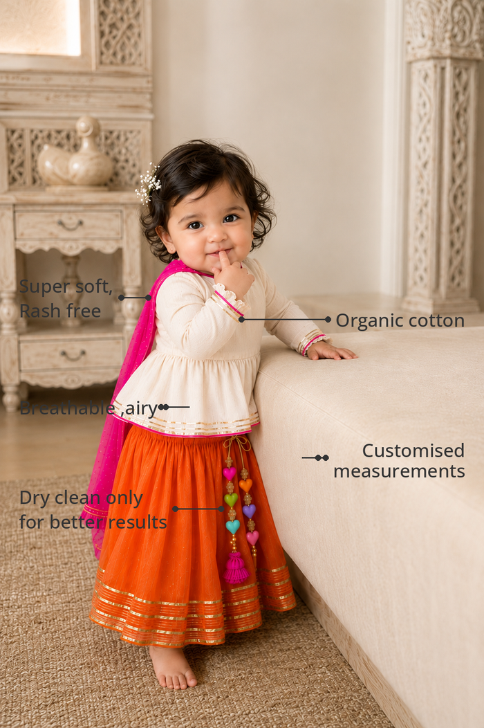 Anaario Ivory Peplum Lehenga Set features - organic cotton, super soft and rash free, breathable, dry clean only, customised measurements