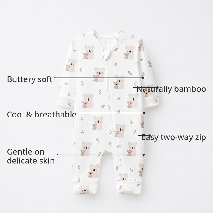 Koala & Kitty Bamboo Baby Sleepsuit – Zip Romper Onesie Combo – features