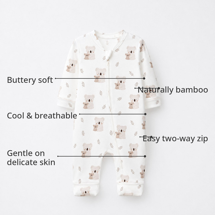 Koala & Kitty Bamboo Baby Sleepsuit – Zip Romper Onesie Combo – features