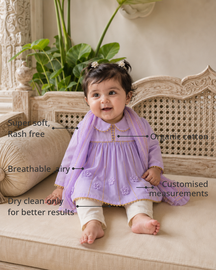 Anaario Lilac Anarkali Set features - organic cotton, super soft and rash free, breathable, dry clean only, customised measurements