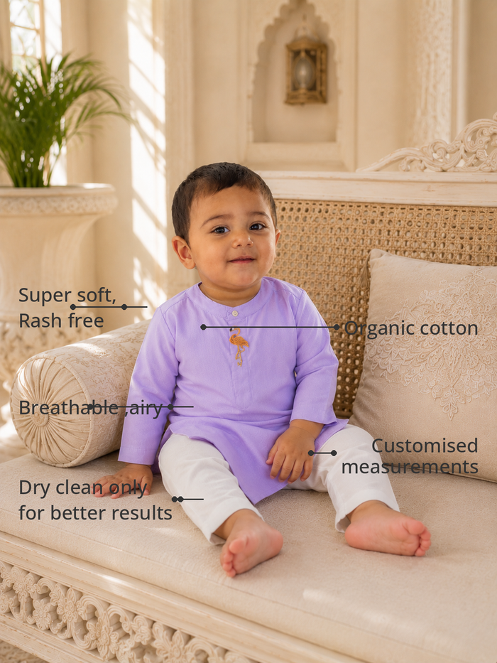 Anaario Lilac Flamingo Kurta Set features - organic cotton, super soft and rash free, breathable, dry clean only, customised measurements
