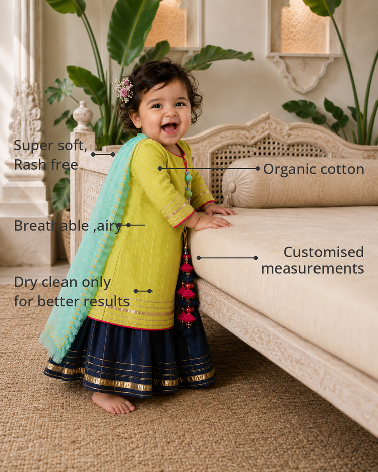 Anaario Lime Navy Lehenga Set features - organic cotton, super soft and rash free, breathable, dry clean only, customised measurements