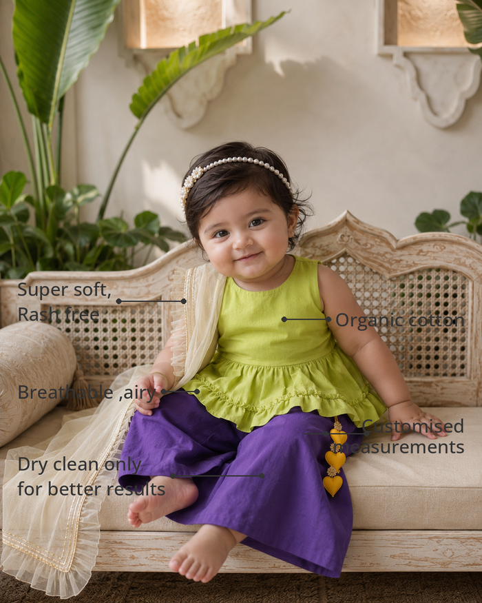 Anaario Lime Purple Palazzo Set features - organic cotton, super soft and rash free, breathable, dry clean only, customised measurements
